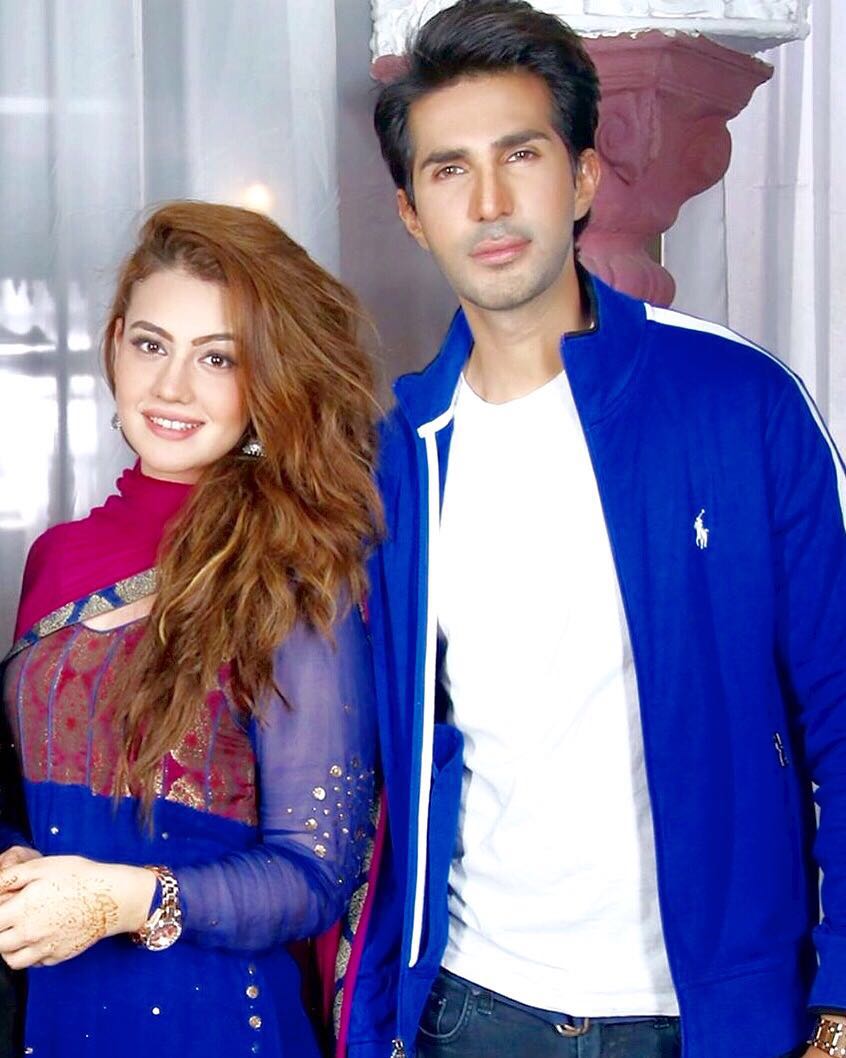 Zara with her co-actor Adeel Chaudhry on the sets of Dharkan.